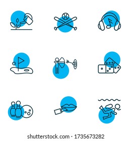Vector illustration of 9 activities icons line style. Editable set of golf, headphone, diving and other icon elements.