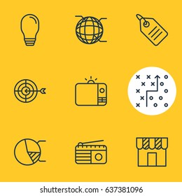 Vector Illustration Of 9 Ad Icons. Editable Pack Of Goal, Tactical Plan, Television And Other Elements.