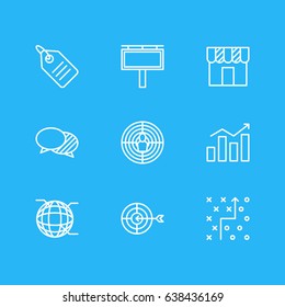 Vector Illustration Of 9 Ad Icons. Editable Pack Of Shop, Aiming, Discussing And Other Elements.