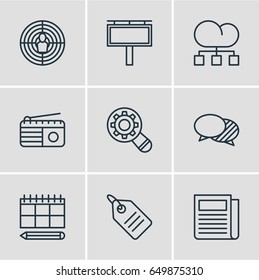 Vector Illustration Of 9 Ad Icons. Editable Pack Of Aiming, Analysis, Schedule And Other Elements.