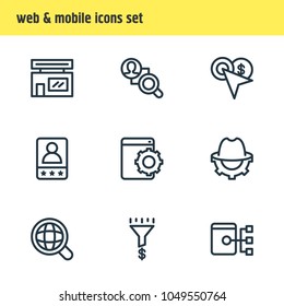 Vector illustration of 9 advertisement icons line style. Editable set of customer testimonials, bookmark service, SEO whitehat and other icon elements.