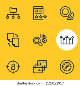 Vector illustration of 9 advertisement icons line style. Editable set of adwords campaign, market analysis, target audience and other icon elements.