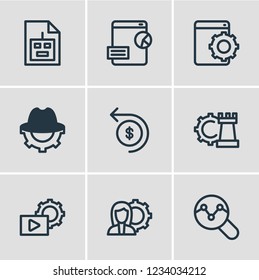 Vector illustration of 9 advertisement icons line style. Editable set of video marketing, return of investment, SEO blackhat and other icon elements.