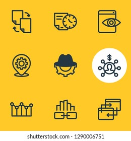 Vector illustration of 9 advertisement icons line style. Editable set of link building, longtime contract, adwords campaign and other icon elements.