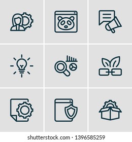 Vector illustration of 9 advertisement icons line style. Editable set of market analysis, SEO consulting, SEO report and other icon elements.