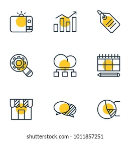 Vector illustration of 9 advertising icons line style. Editable set of circle diagram, schedule, discussing and other icon elements.