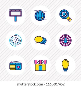 Vector illustration of 9 advertising icons colored line. Editable set of globe, outdoor ad, target audience and other icon elements.