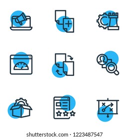 Vector illustration of 9 advertising icons line style. Editable set of duplicate content, game developing, competitor analysis and other icon elements.