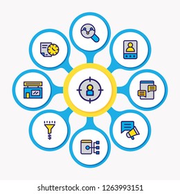 Vector illustration of 9 advertising icons colored line. Editable set of local business, longtime contract, sitemap and other icon elements.