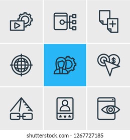 Vector illustration of 9 advertising icons line style. Editable set of sitemap, customer testimonials, duplicate content and other icon elements.