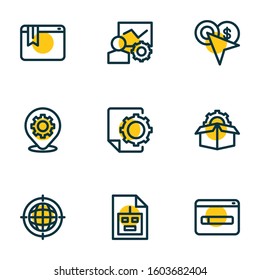 Vector illustration of 9 advertising icons line style. Editable set of pay per click, domain registration, service packages and other icon elements.