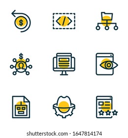 Vector illustration of 9 advertising icons line style. Editable set of affiliate marketing, custom coding, SEO whitehat and other icon elements.