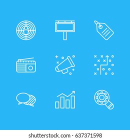 Vector Illustration Of 9 Advertising Icons. Editable Pack Of Discount Label, Discussing, Analysis And Other Elements.