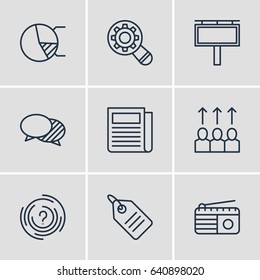 Vector Illustration Of 9 Advertising Icons. Editable Pack Of Daily Press, Circle Diagram, Analysis And Other Elements.