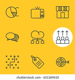 Vector Illustration Of 9 Advertising Icons. Editable Pack Of Tactical Plan, Discussing, Television And Other Elements.