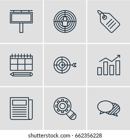 Vector Illustration Of 9 Advertising Icons. Editable Pack Of Advertising Billboard, Statistics, Schedule And Other Elements.