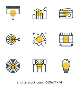 Vector Illustration Of 9 Advertising Icons. Editable Pack Of Announcement, Shop, Statistics And Other Elements.