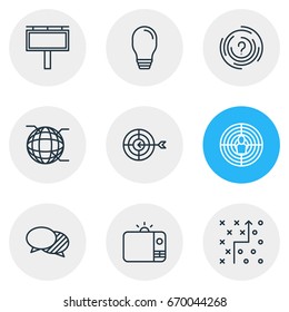 Vector Illustration Of 9 Advertising Icons. Editable Pack Of Lamp, Goal, Maze And Other Elements.