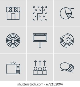 Vector Illustration Of 9 Advertising Icons. Editable Pack Of Shop, Tactical Plan, Circle Diagram And Other Elements.