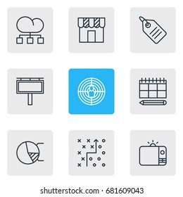 Vector Illustration Of 9 Advertising Icons. Editable Pack Of Circle Diagram, Television, Cloud Distribution And Other Elements.