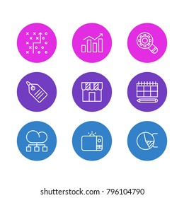 Vector illustration of 9 advertising icons line style. Editable set of tactical plan, analysis, circle diagram and other elements.