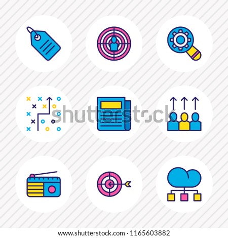Vector illustration of 9 advertising icons colored line. Editable set of aim, research, newspaper and other icon elements.
