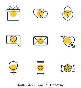 Vector illustration of 9 amour icons line style. Editable set of phone, soul, present and other icon elements.
