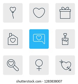 Vector illustration of 9 amour icons line style. Editable set of heart, present, female and other icon elements.