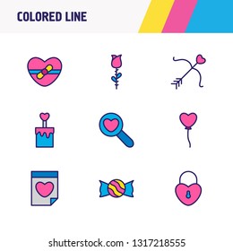 Vector illustration of 9 amour icons colored line. Editable set of candy, date, cake icon elements.