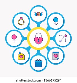 Vector illustration of 9 amour icons colored line. Editable set of candy, locked heart, ring icon elements.