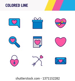 Vector illustration of 9 amour icons colored line. Editable set of date, surprise, chat and other icon elements.