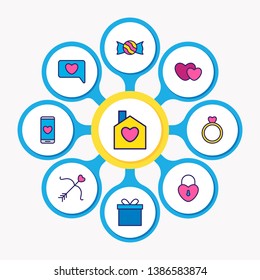Vector illustration of 9 amour icons colored line. Editable set of surprise, phone, ring and other icon elements.