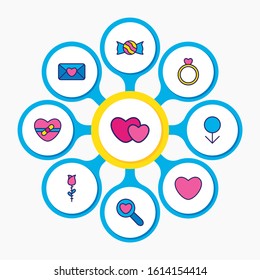 Vector illustration of 9 amour icons colored line. Editable set of candy, ring, find love icon elements.
