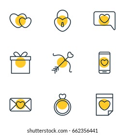 Vector Illustration Of 9 Amour Icons. Editable Pack Of Messenger, Engagement, Hearts And Other Elements.