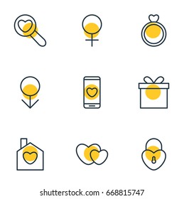 Vector Illustration Of 9 Amour Icons. Editable Pack Of Male, Engagement, Magnifier And Other Elements.