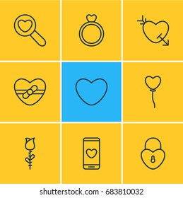 Vector Illustration Of 9 Amour Icons. Editable Pack Of Magnifier, Engagement, Lock And Other Elements.