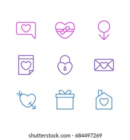 Vector Illustration Of 9 Amour Icons. Editable Pack Of Messenger, Present, Arrow And Other Elements.