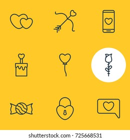 Vector Illustration Of 9 Amour Icons. Editable Pack Of Rose, Hearts, Lock And Other Elements.