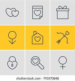 Vector illustration of 9 amour icons line style. Editable set of date, female, man and other elements.