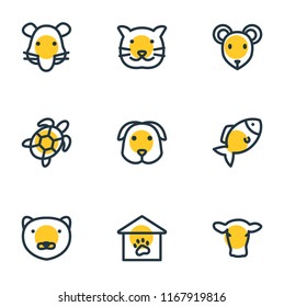 Vector illustration of 9 animal icons line style. Editable set of rat, cat, dog and other icon elements.