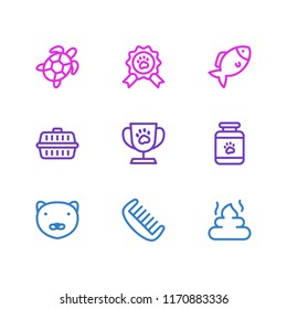 Vector illustration of 9 animal icons line style. Editable set of turtle, pet medicine, pet cup and other icon elements.