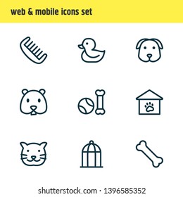 Vector illustration of 9 animal icons line style. Editable set of duck, comb, cat and other icon elements.