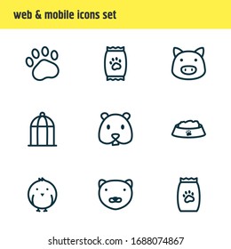 Vector illustration of 9 animal icons line style. Editable set of bird, kibble, nutrition and other icon elements.
