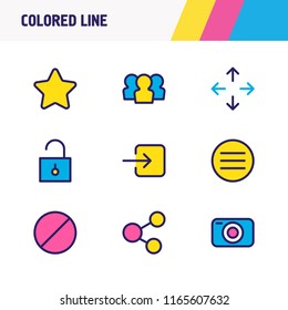 Vector illustration of 9 annex icons colored line. Editable set of camera, move, star and other icon elements.