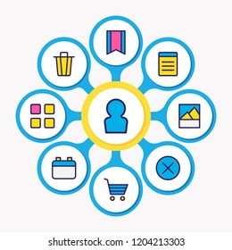 Vector illustration of 9 annex icons colored line. Editable set of image, list, buying cart and other icon elements.
