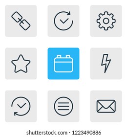 Vector illustration of 9 annex icons line style. Editable set of cog, future, bolt and other icon elements.