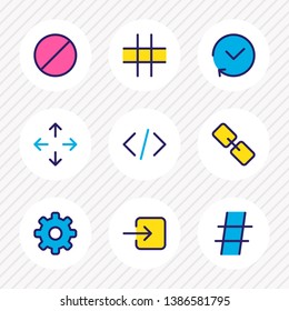 Vector illustration of 9 annex icons colored line. Editable set of link, hashtag, cog and other icon elements.