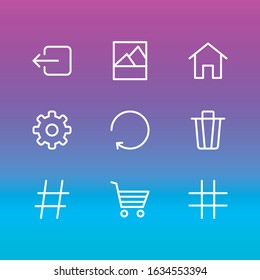 Vector illustration of 9 annex icons line style. Editable set of hashtag, trash can, home and other icon elements.