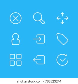 Vector illustration of 9 annex icons line style. Editable set of user, cube, exit and other elements.