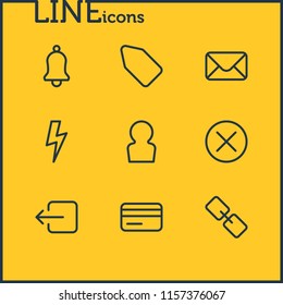 Vector illustration of 9 app icons line style. Editable set of credit card, mail, close and other icon elements.